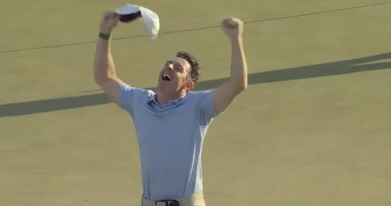 Rory McIlroy celebrating his second consecutive Masters win
